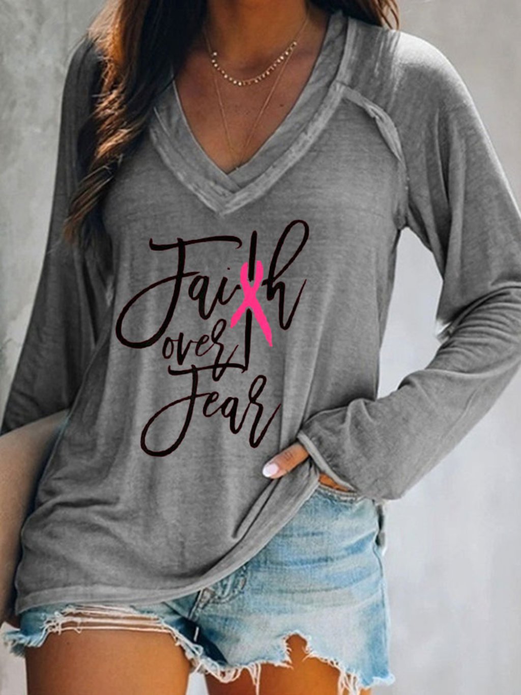 Women's Faith Over Fear Breast Cancer Awareness Print V-Neck Top
