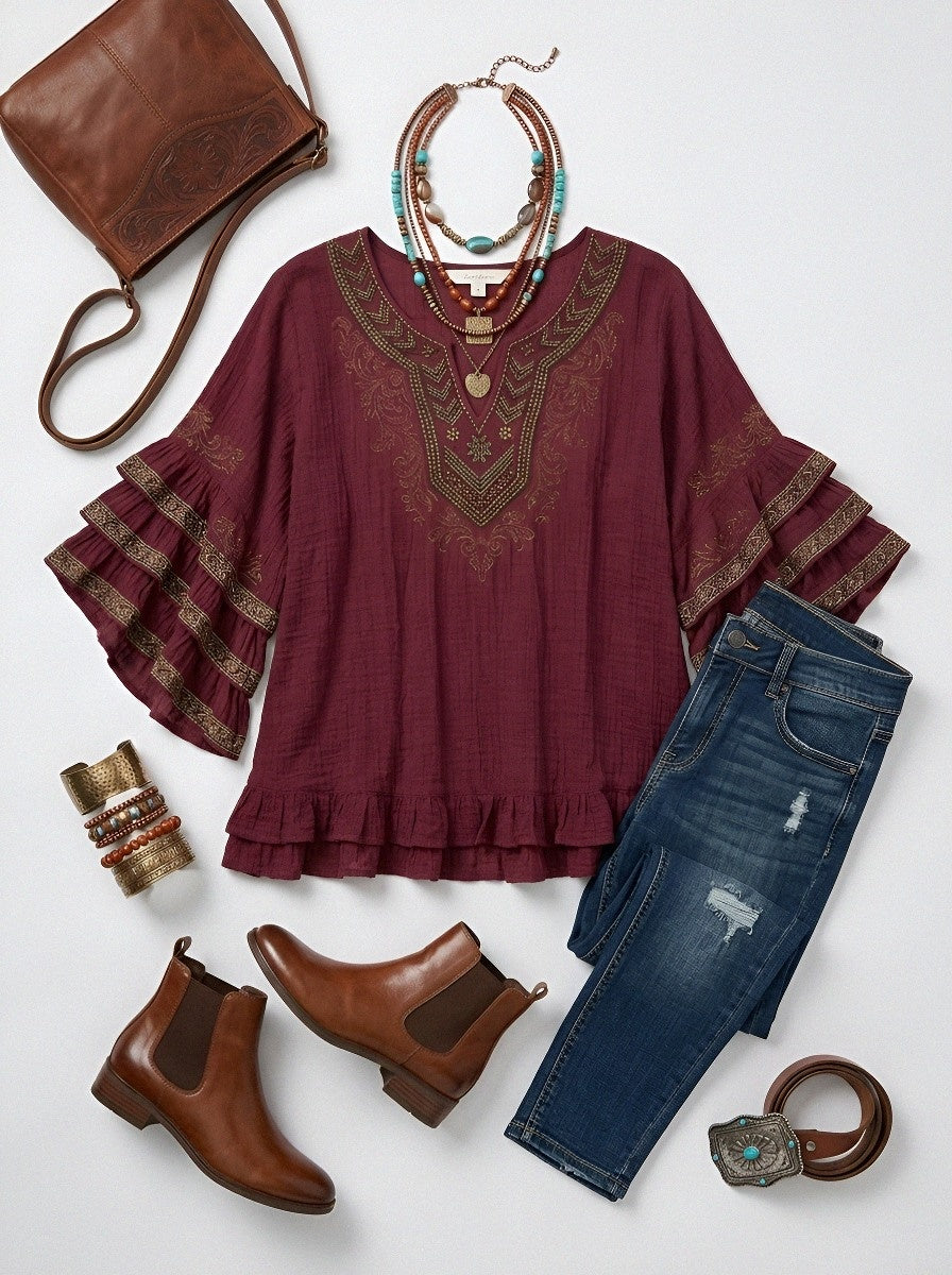 Women's Western Vintage Aztec Embroidered Ruffle Printed Top