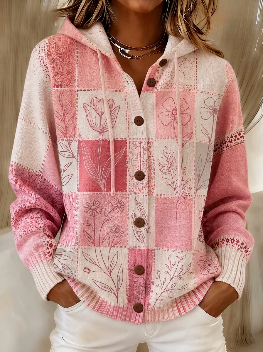 Women's Breast Cancer Awareness Pink Floral Patchwork Printed Cardigan