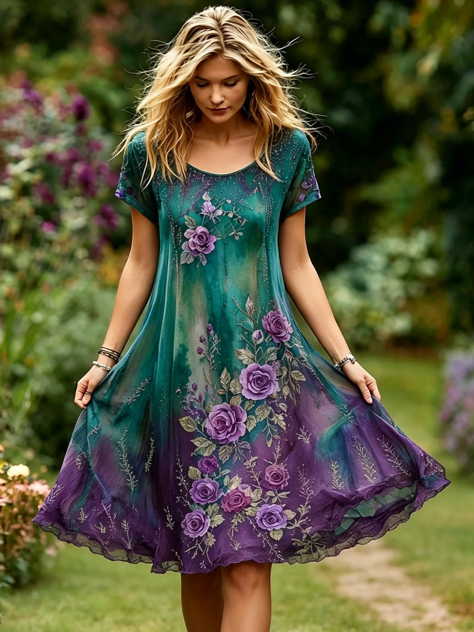 Women's Retro Floral Embroidery Gradient Pattern Round Neck Short Dress