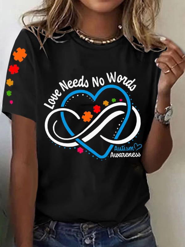 Women's Love Needs No Words Autism Awareness Printed Short-Sleeved T-Shirt
