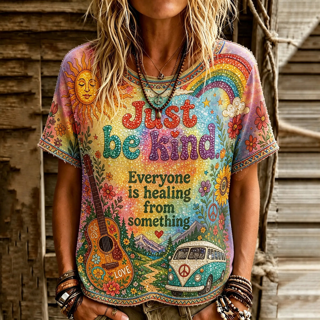 Women's Retro Hippie Just Be Kind Landscape Art Crew Neck T-shirt