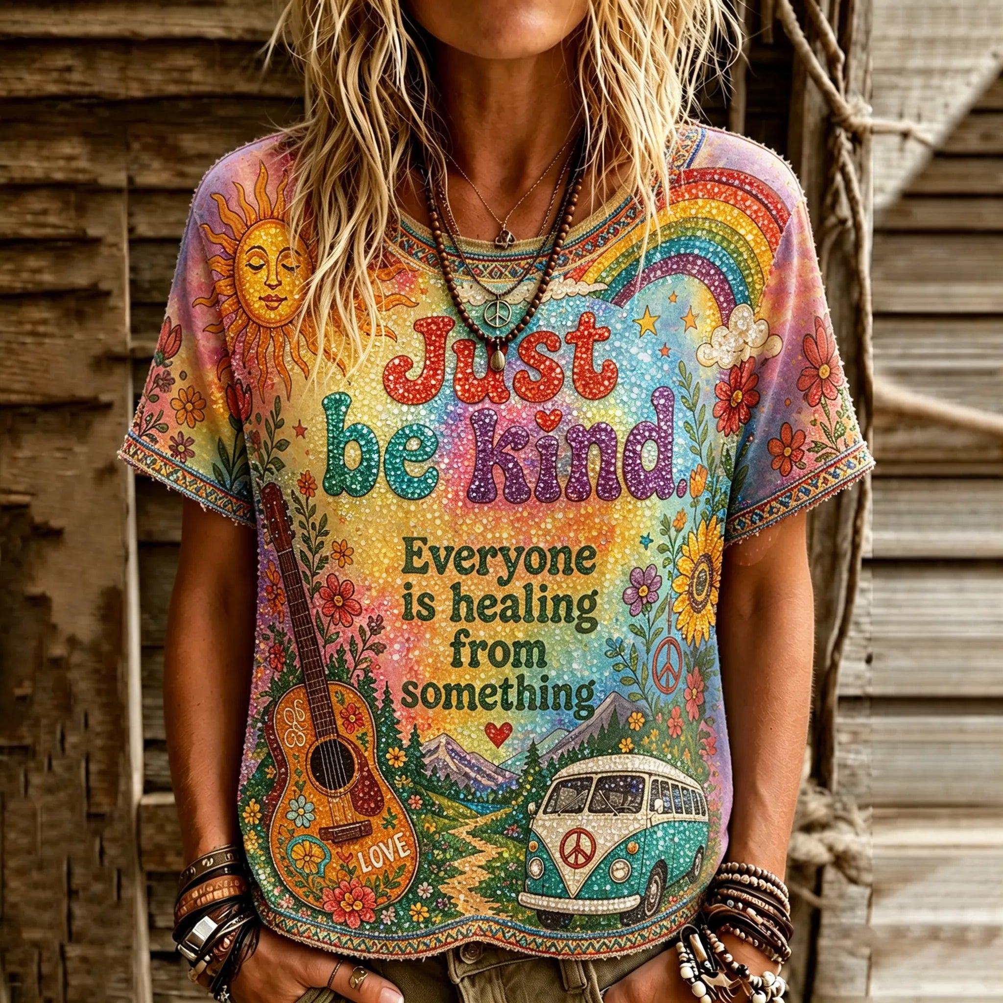 Women's Retro Hippie Just Be Kind Landscape Art Crew Neck T-shirt