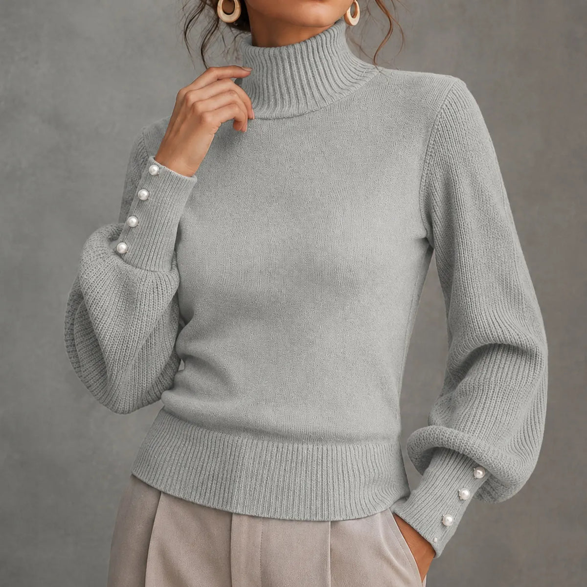 Elegant Solid Color Turtleneck Beaded Sweater