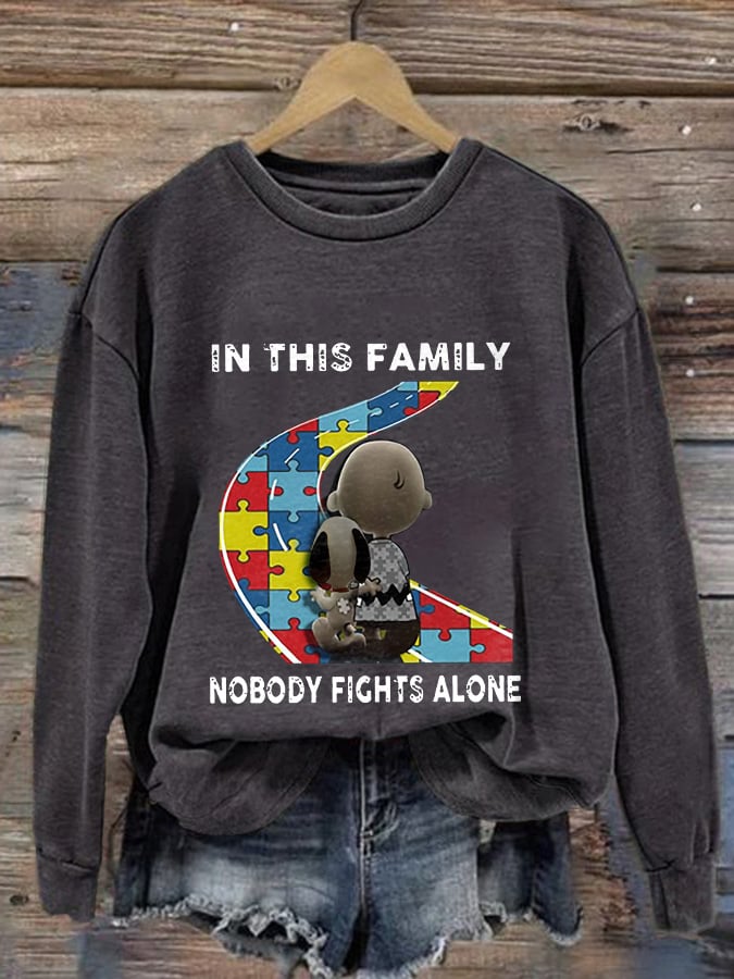 Retro Autism Awareness In This Family Nobody Fights Alone Print Sweatshirt