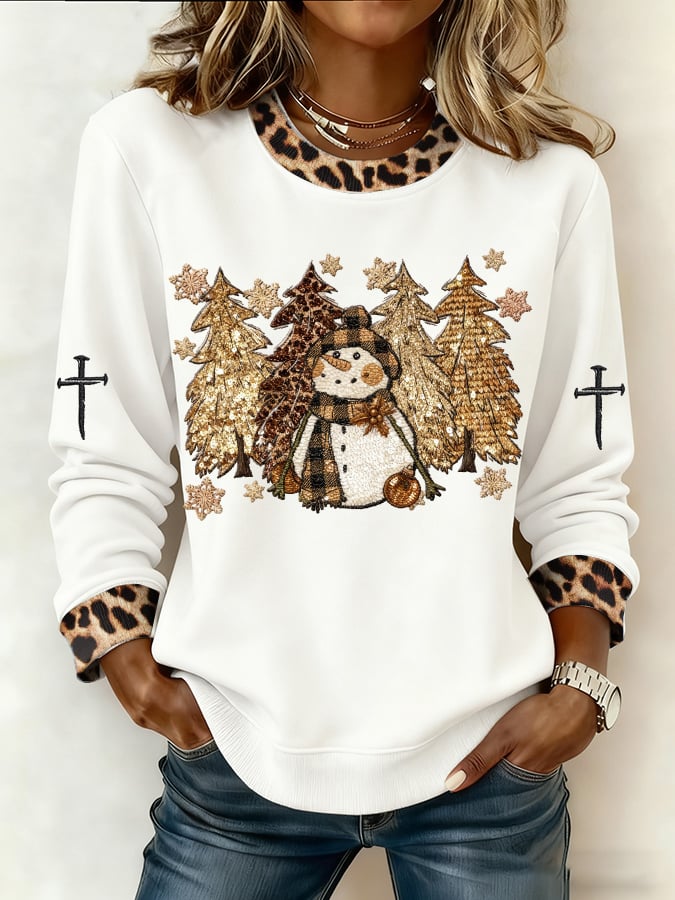 Women's Casual Leopard Print Snowman Sweatshirt