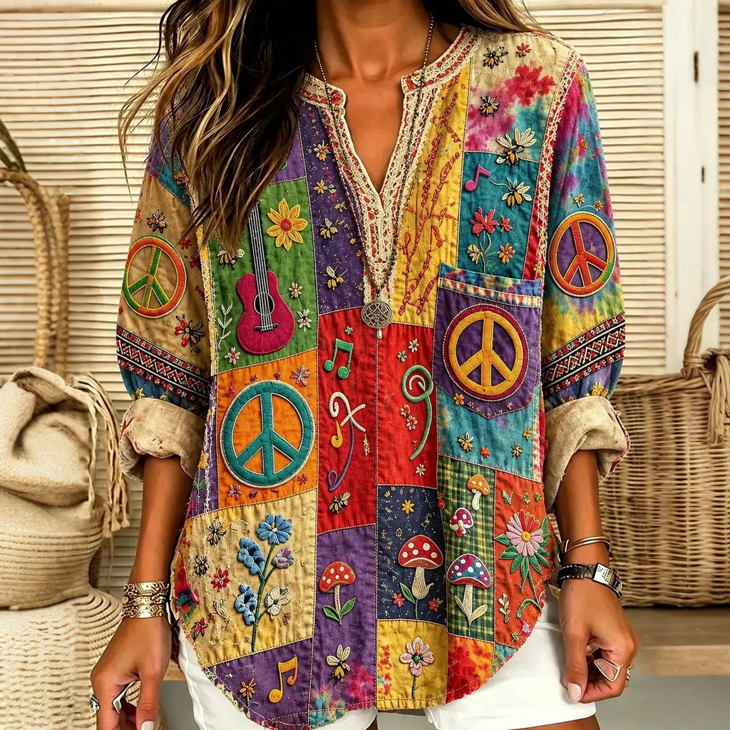 Women's Peace Sign And Guitar Hippie Patchwork Print Casual Shirt