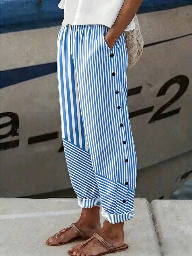 Women'S Casual Pink Stripe Art Breast Cancer Awareness Printed Trousers