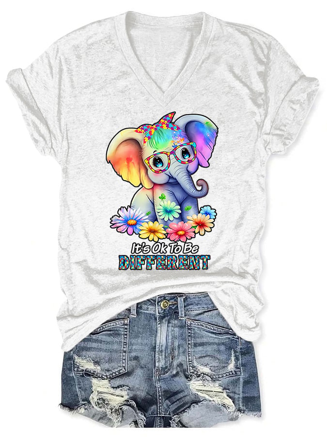 V-neck Autism Awareness Elephant  It's Ok To Be Different Print T-Shirt