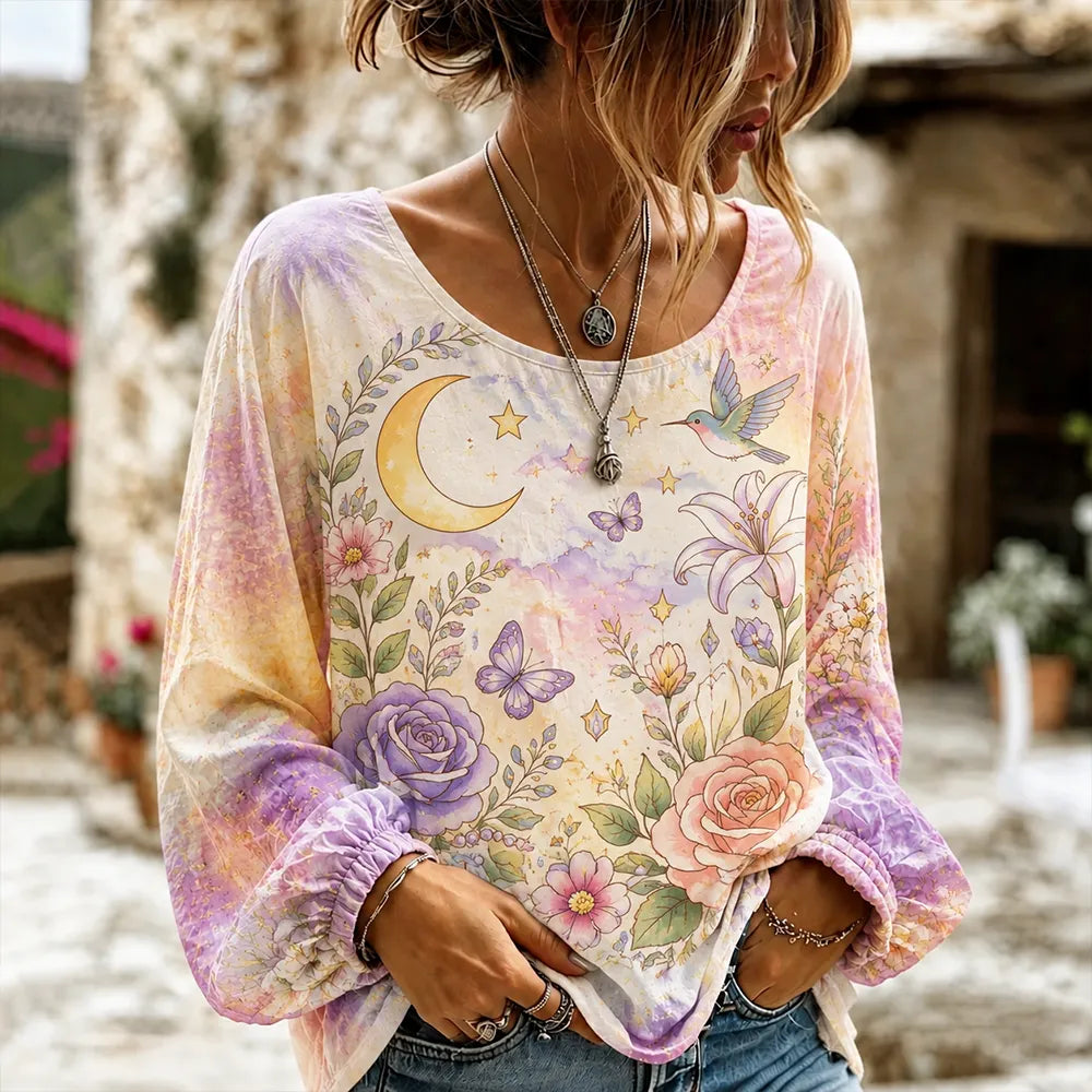 Women's Crew Neck Long Sleeve Blouse With Cuffed Sleeves, Crescent Moon, Hummingbird, And Floral Print