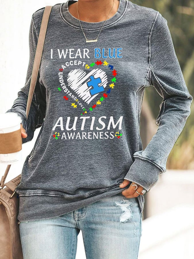 Women's I Wear Blue For Autism Awareness Print Casaul Sweatshirt