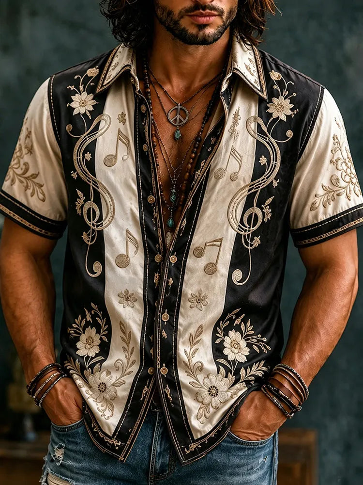 Men's Retro Floral  With Note Embroidery Art Short Sleeve Shirt