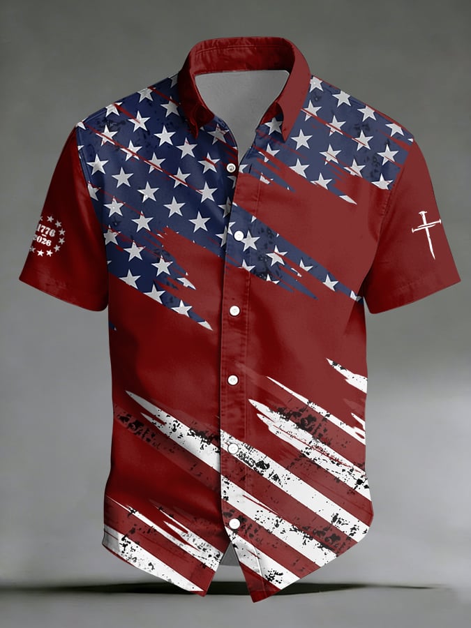 Men's Vintage Flag Print Short-Sleeve Shirt