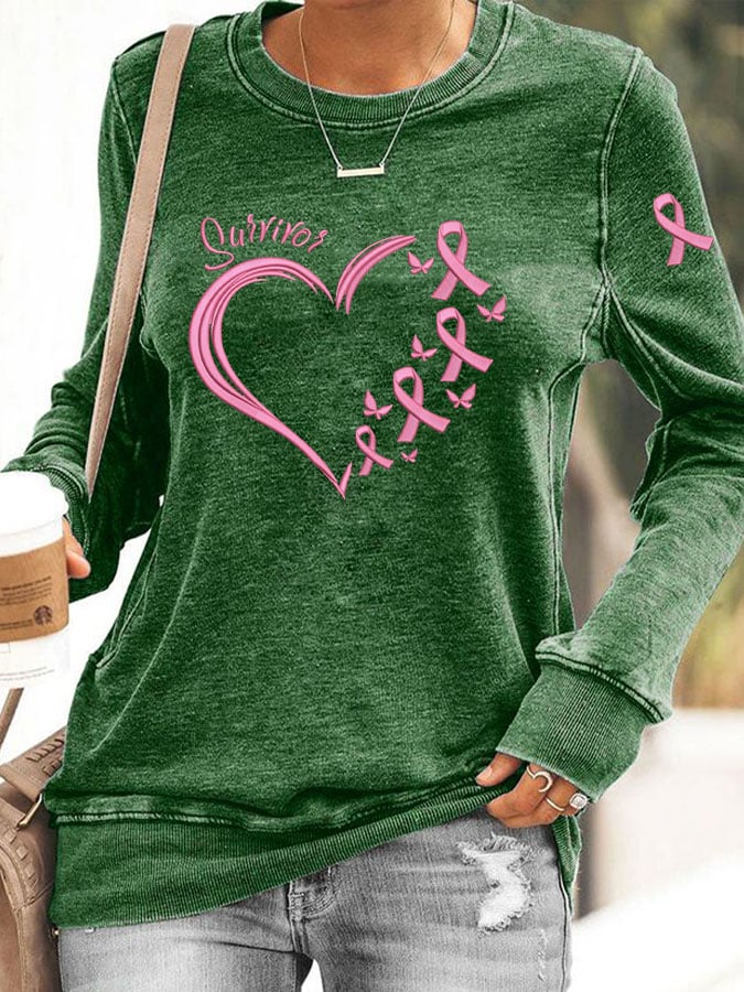 Women's Breast Cancer Awareness Heart Pink Ribbon Print Top