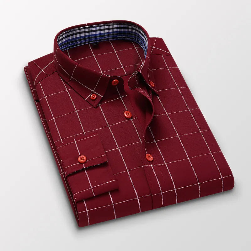 Men’s long-sleeve shirts with a plaid color-block design