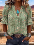 Women's Western Vintage Floral Ruffle Sleeve Printed Top