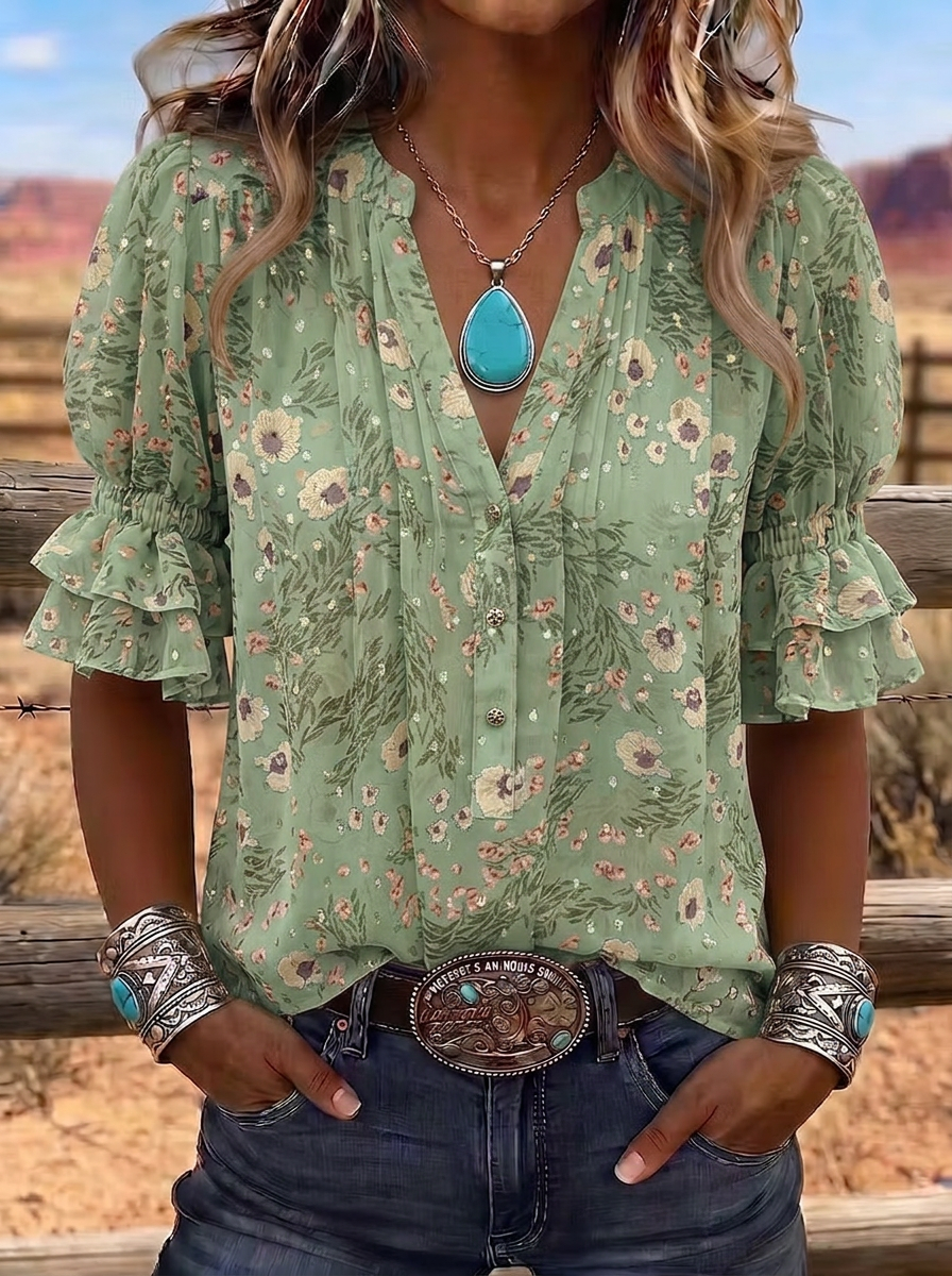 Women's Western Vintage Floral Ruffle Sleeve Printed Top