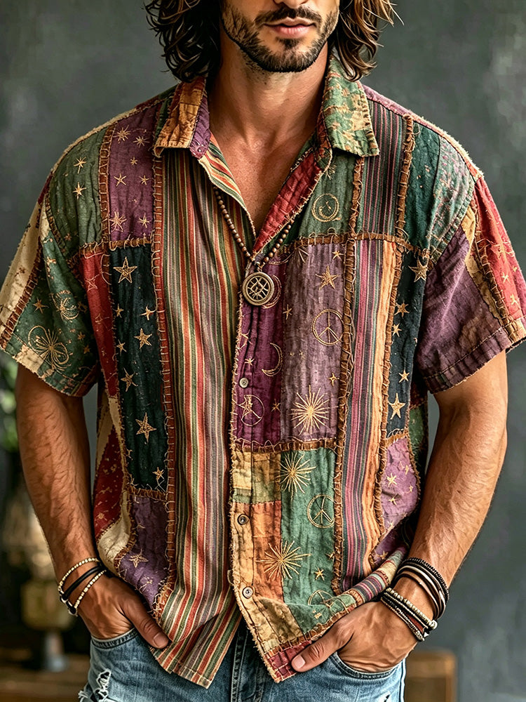 Multicolor Retro Stripe Star Moon Patchwork Hippie Peace Sign Short Sleeve Button Down For Men