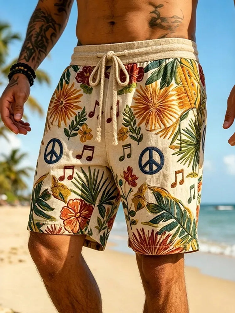Men's Hippie Style Peace Symbol Musical Note Botanical Print Casual Shorts