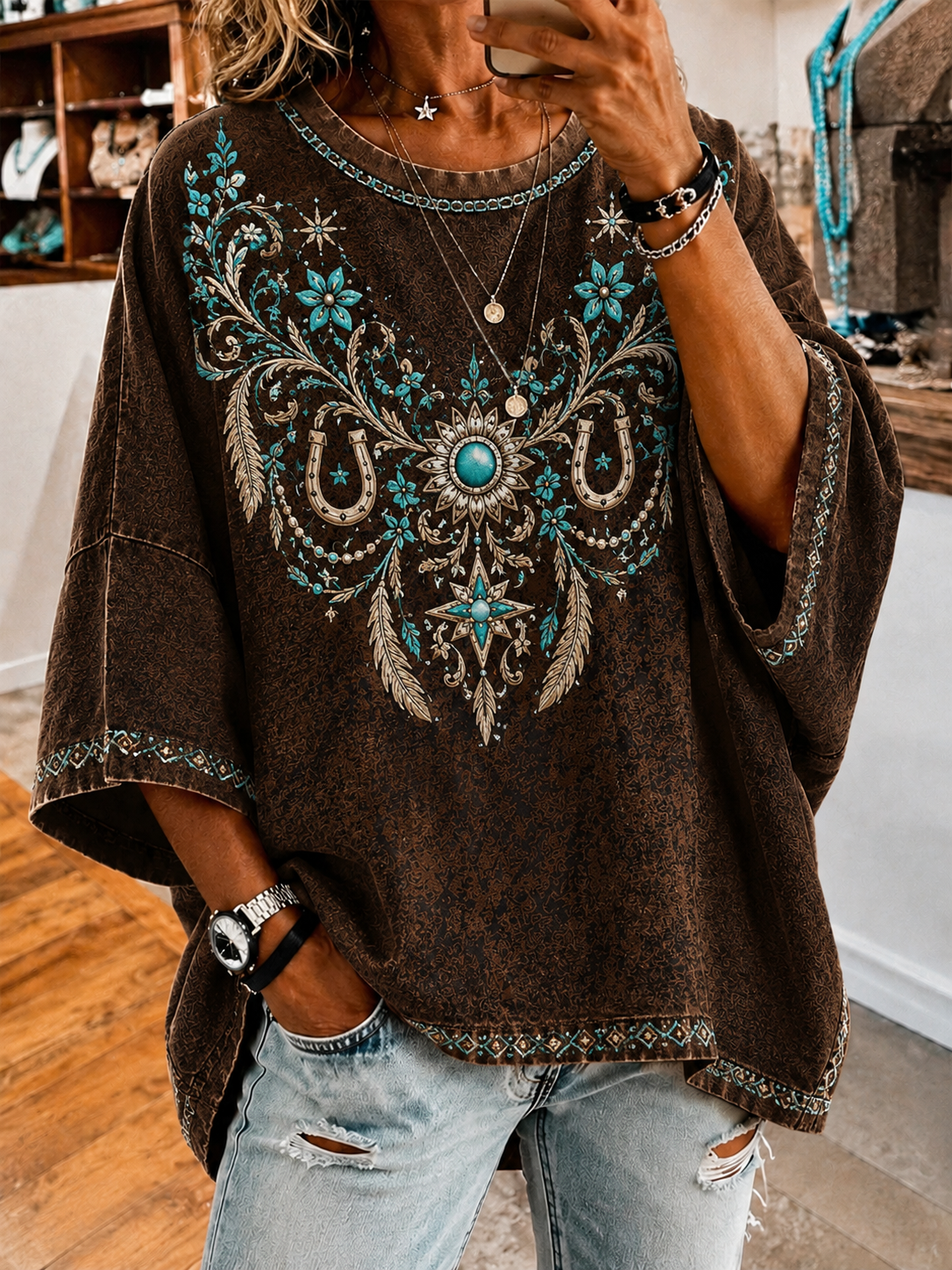 Women'S Vintage Denim Print Loose Top
