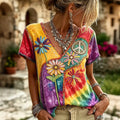 Women's Vintage Hippie Floral Art Print V Neck Linen Blend Short Sleeve Tops