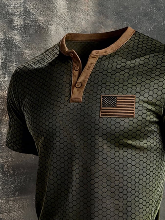 Men's Retro Patriotic Color-Block Short-Sleeve Henley T-Shirt
