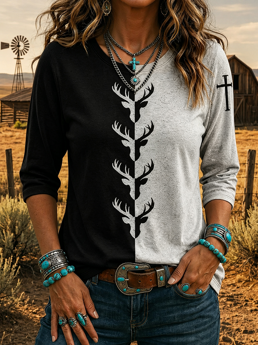 Split Tone Deer Antler Cross Sleeve Print 3/4 Sleeve Western Cowgirl T-Shirt