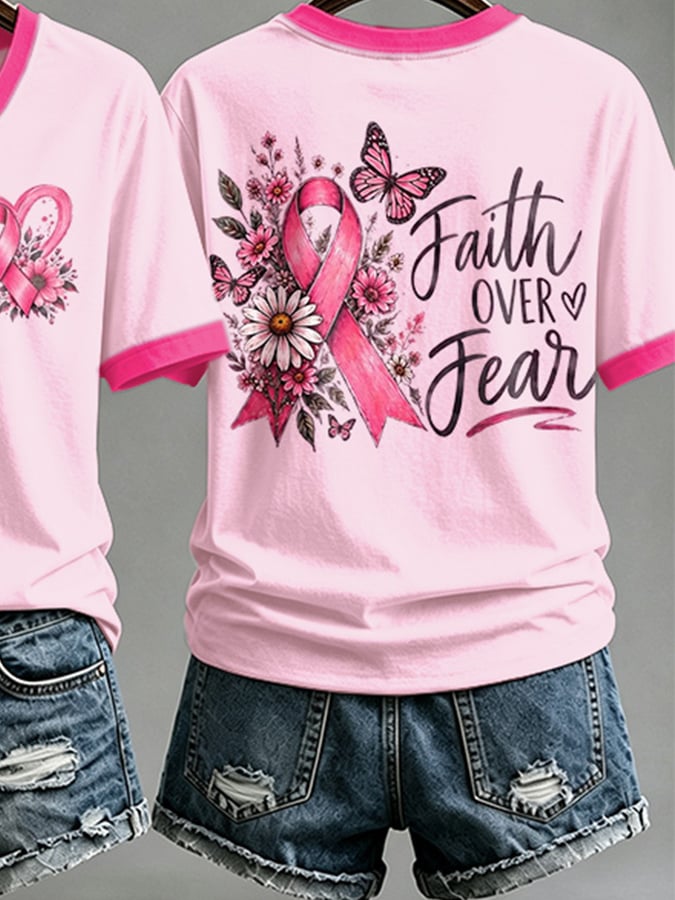 V-Neck Retro Breast Cancer Awareness Pink Butterfly Ribbon Faith Over Fear Print T-Shirt