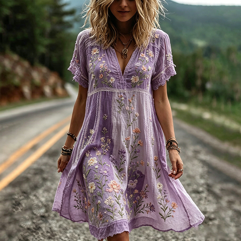 Women's Floral And Lace Art Splicing Purple Washed Cotton Linen Short Sleeve Dress
