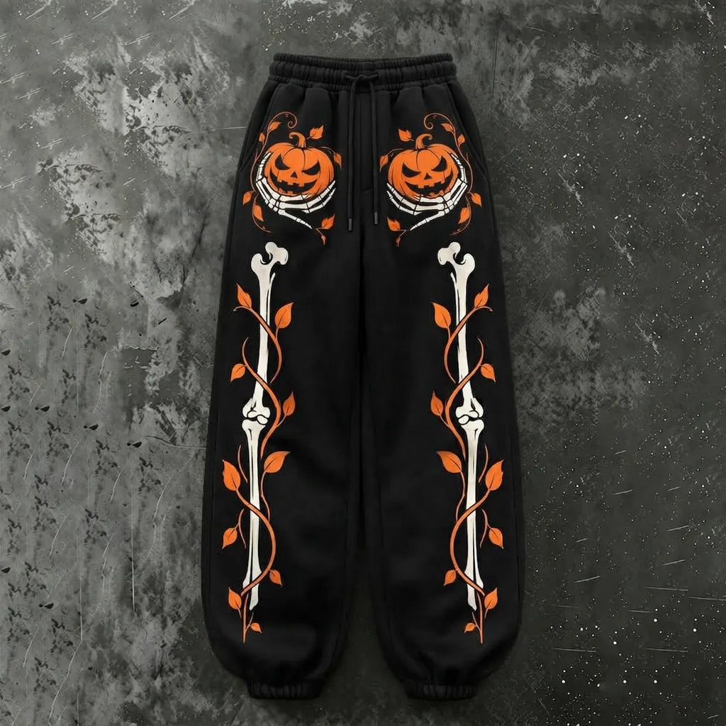 Women's Vintage Halloween Pumpkin And Skeleton Hand Print Sweatpants