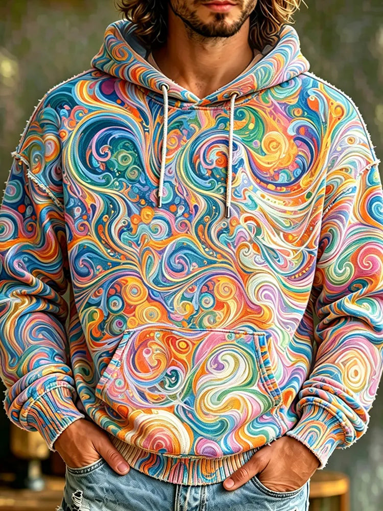 Men's Casual Pullover Hoodie With Colorful Psychedelic Swirl And Fluid Art Print