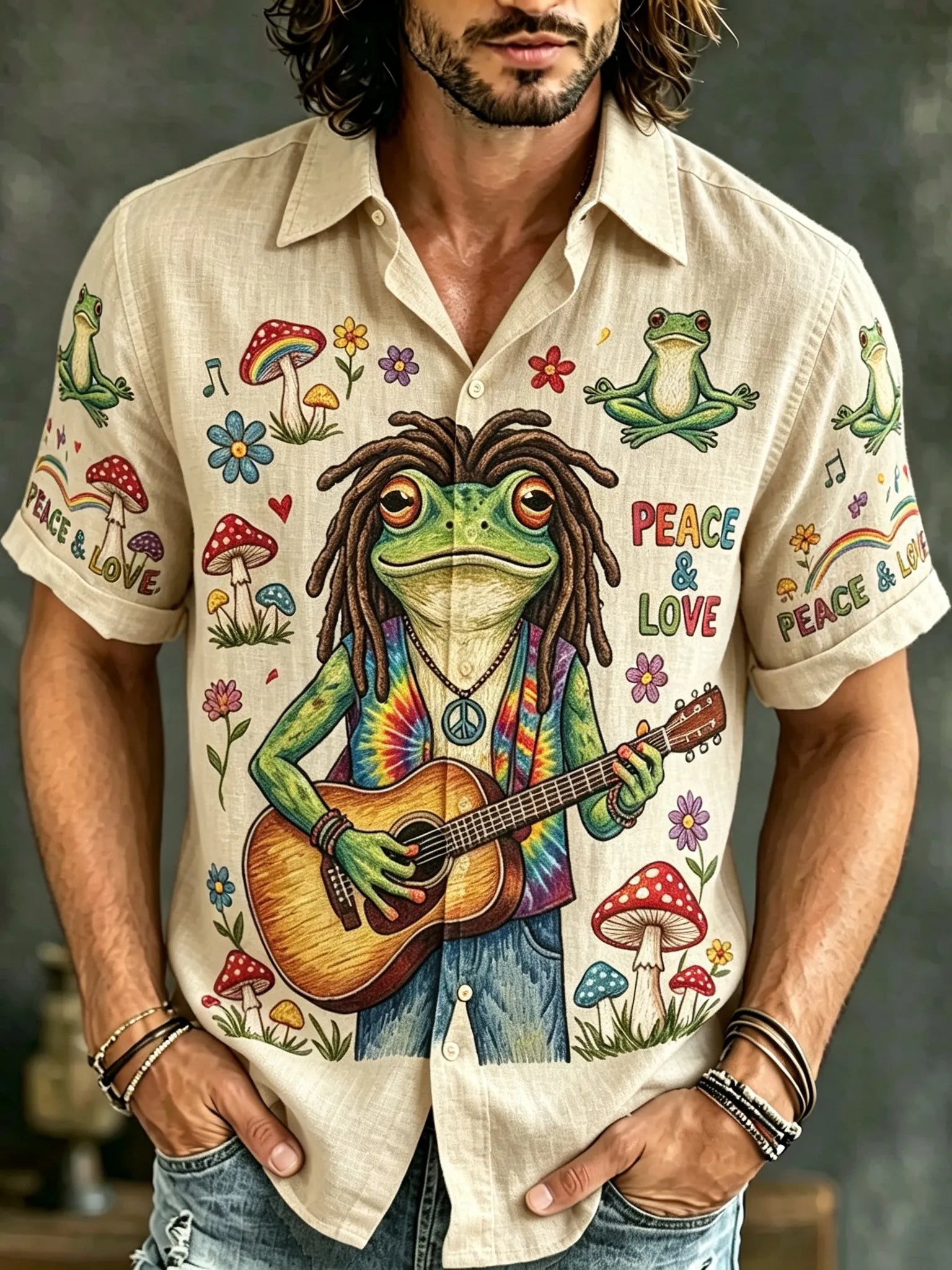 Men's Funny Frog Playing Guitar Hippie Art Print Short Sleeve Shirt