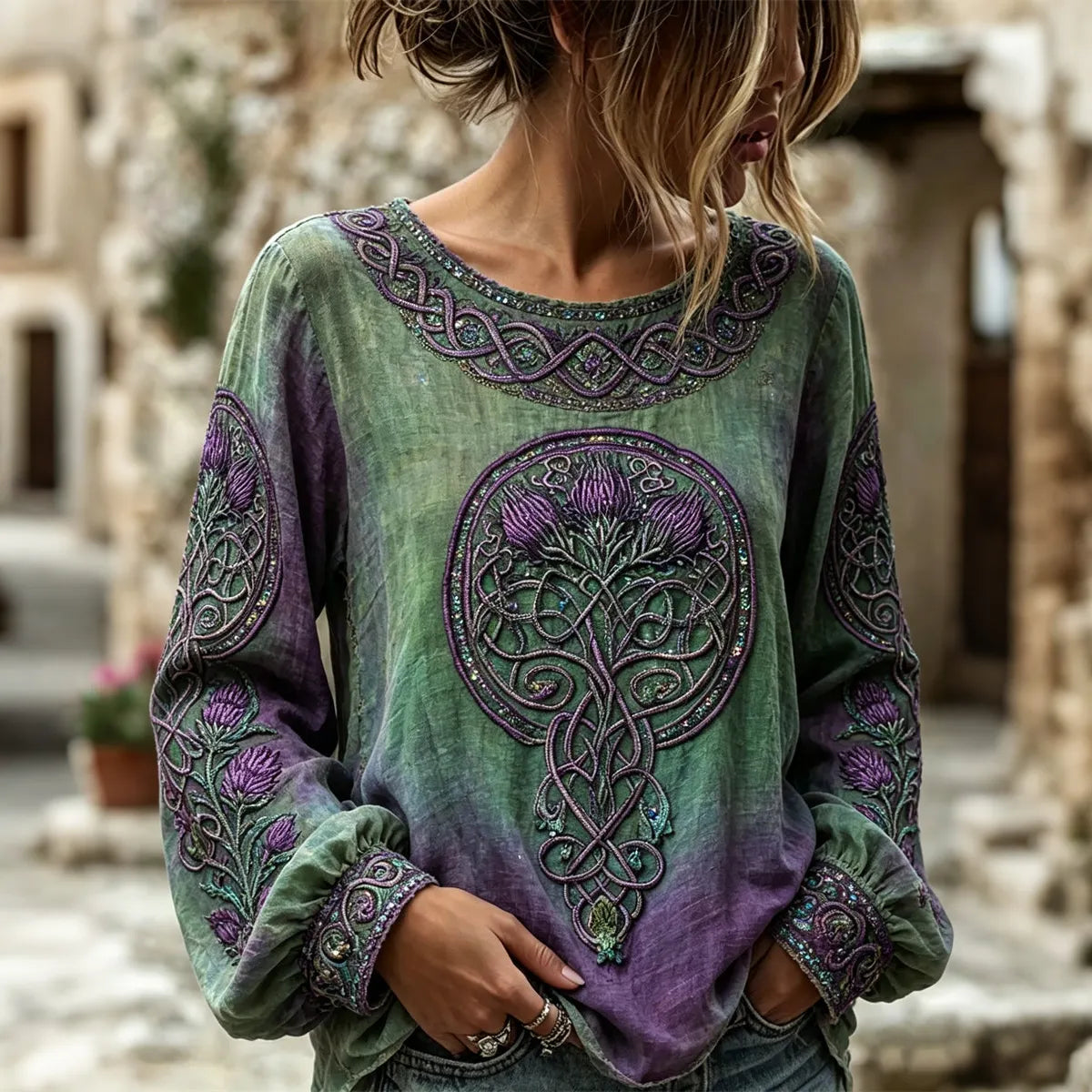 Women's Vintage Classy Thistle Celtic Knot Gradient Print Cotton Linen Top