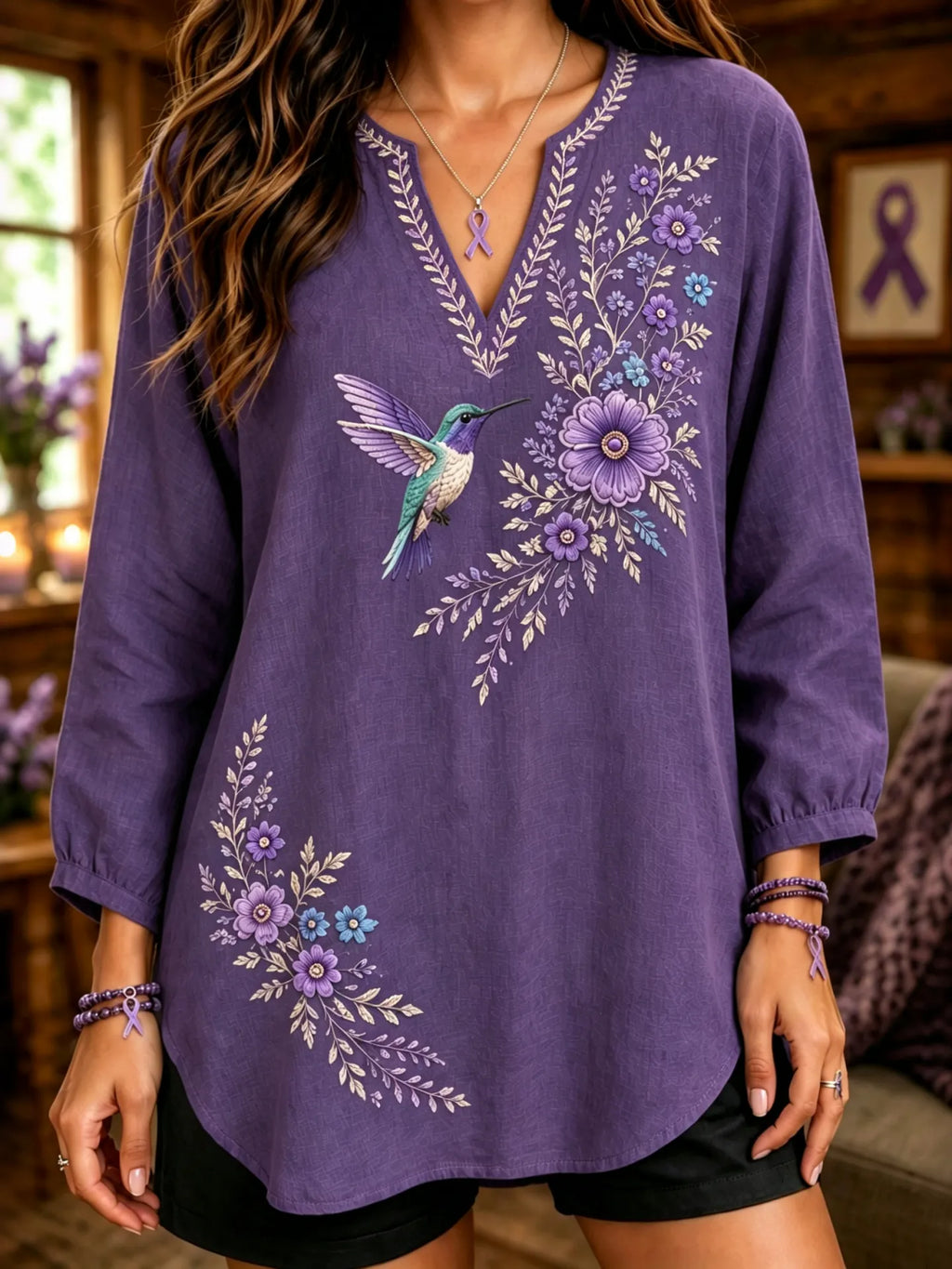 Women's Retro Flowers And Hummingbirds Alzheimer's Awareness Support Linen V-neck Shirt