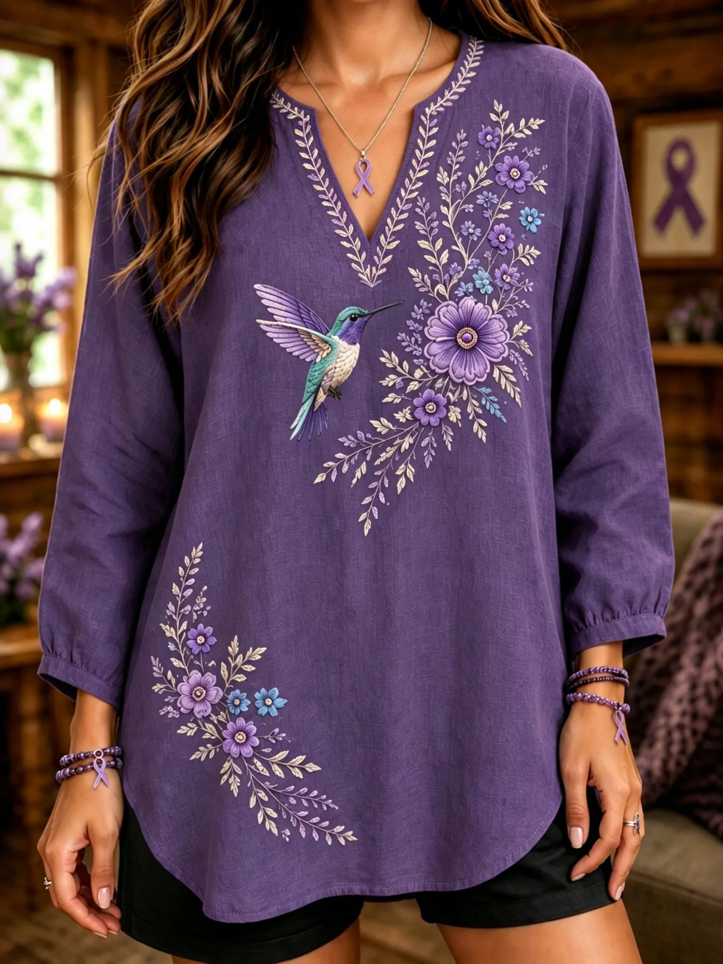 Women's Retro Flowers And Hummingbirds Alzheimer's Awareness Support Linen V-neck Shirt