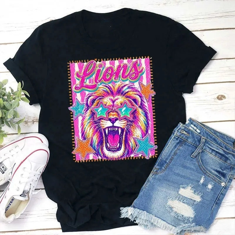 Personalized Mascot Neon Pink And Teal Star Sunglasses Cotton T-Shirt