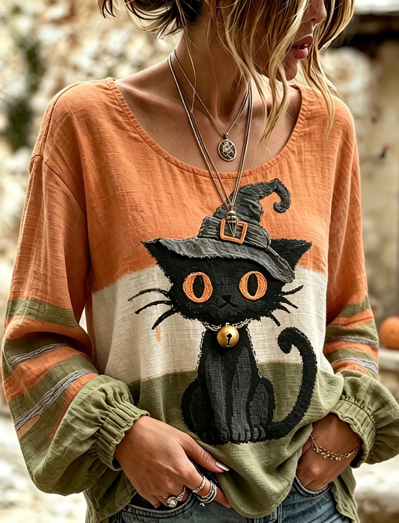 Women's Vintage Halloween Wizard Cat Art Embroidered Linen Blend Round Neck Long Sleeve Tops