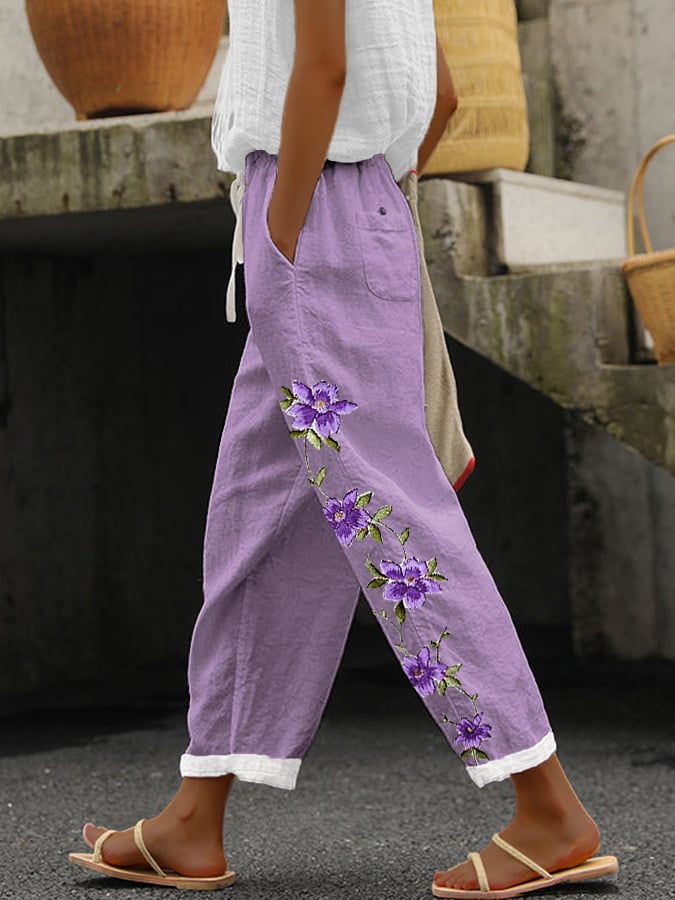 Women's Purple Floral Print Alzheimer's Awareness Support Pants