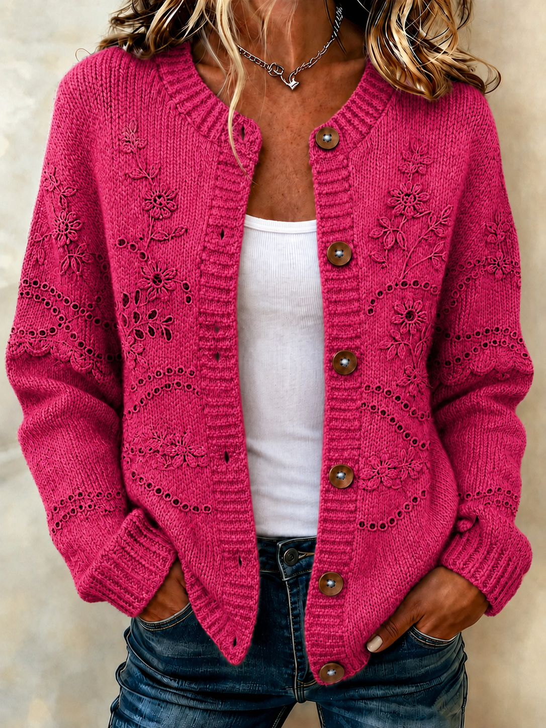 Women'S Casual Breast Cancer Propaganda Art Knitting Cardigan Top