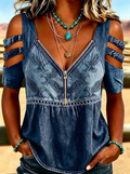 Women's Western Independence Day Eagle Printed Cold Shoulder T-shirt-2