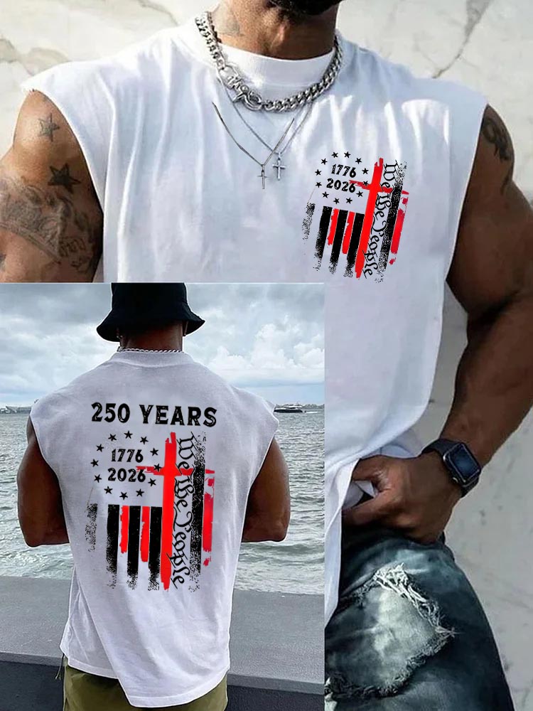 250Th Anniversary We The People Pattern Round Neck 100% Cotton Tank Top