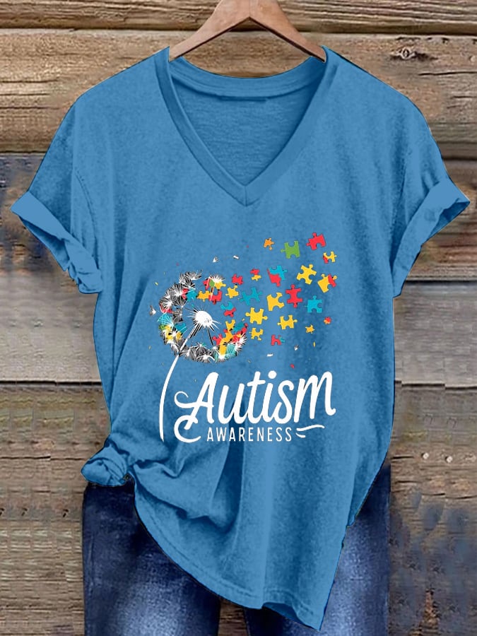 Women's  Autism Awareness Printed Casual V-Neck T-Shirt