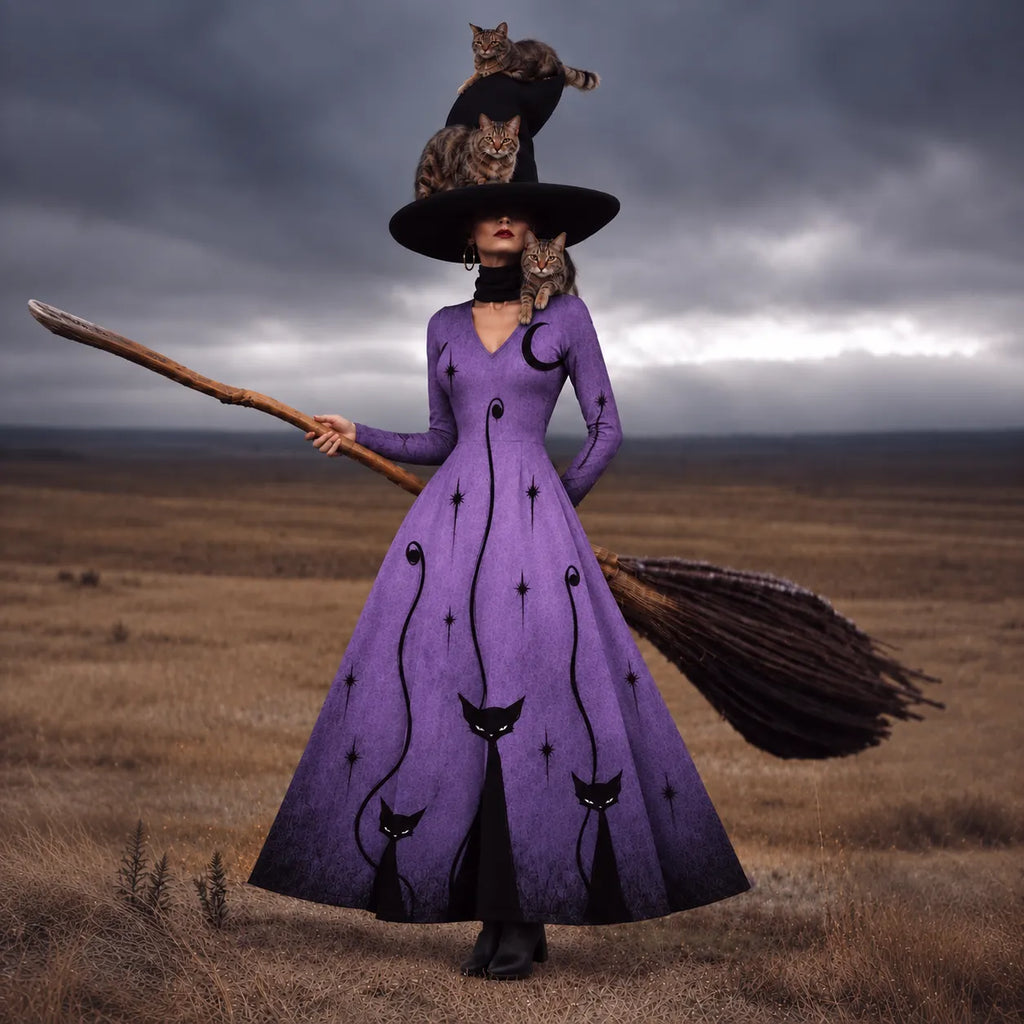 Women's Gothic Halloween Print V Neck Long Sleeve Maxi Dress – Halloween Costume