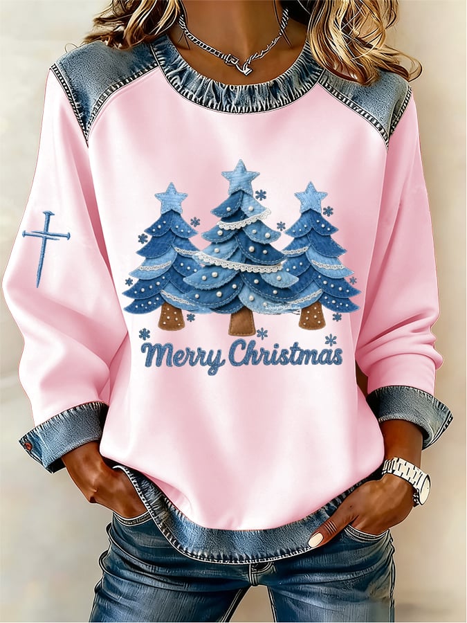 Women's Casual Denim Christmas Tree Print Sweatshirt