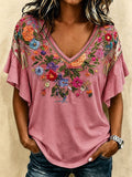 Women's Breast Cancer Awareness Print V-Neck Casual Ruffled T-Shirt