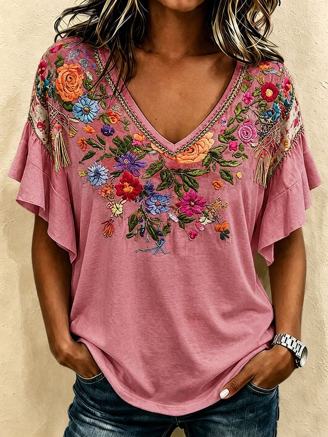 Women's Breast Cancer Awareness Print V-Neck Casual Ruffled T-Shirt