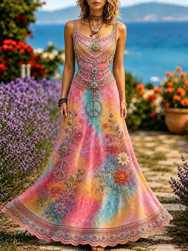 Women's Retro Hippie Floral And Peace Art Pattern Casual Sleeveless Dress