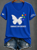 Women'S Casual V-Neck Top With Autism Awareness Print