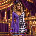 Women's Halloween Gothic Plaid Clown Playing Card Long Sleeve Dress