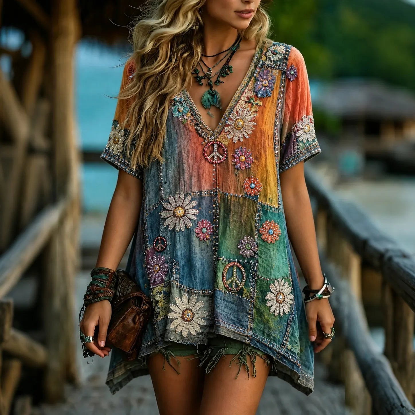 Women's Vintage Hippie Floral Patchwork Art Linen Blend Short Sleeve Tops